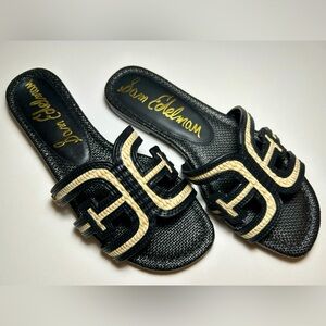 NWT🌷Sam Edelman Bay Raffia and Double E Logo Slide Sandals in Linen/Black